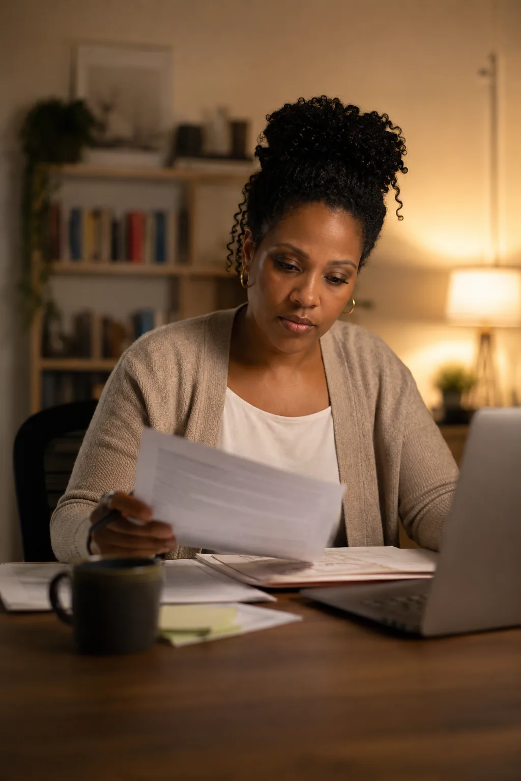 Professional reviewing deal documents at a home desk in the evening
