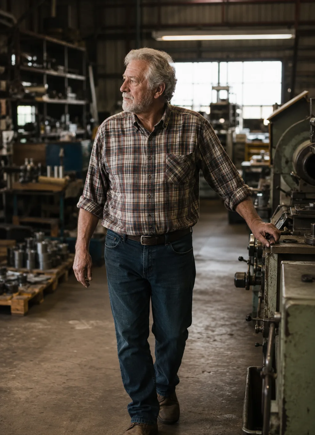 Seasoned owner walking the floor of the business he has run for decades