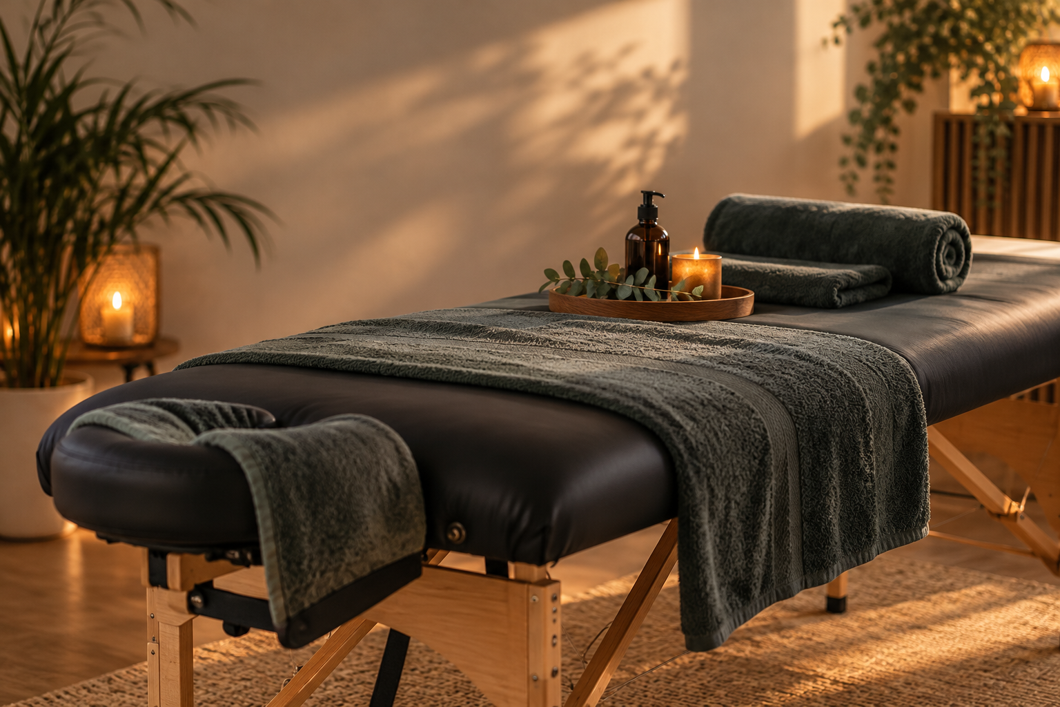 Portable massage table prepared for a mobile massage treatment at home