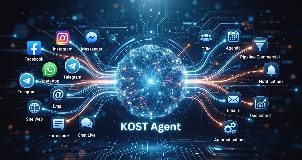KostAgent centralise Facebook, Instagram, WhatsApp, Email et tous vos canaux vers un seul cerveau IA connecté à votre CRM, agenda et pipeline commercial