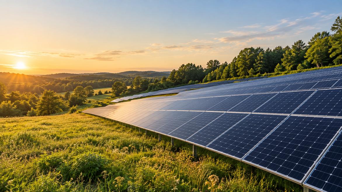 Rows of solar panels in a field at sunrise