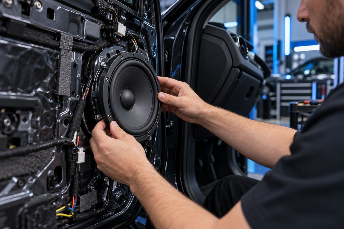Illustration of a technician fitting a car door speaker