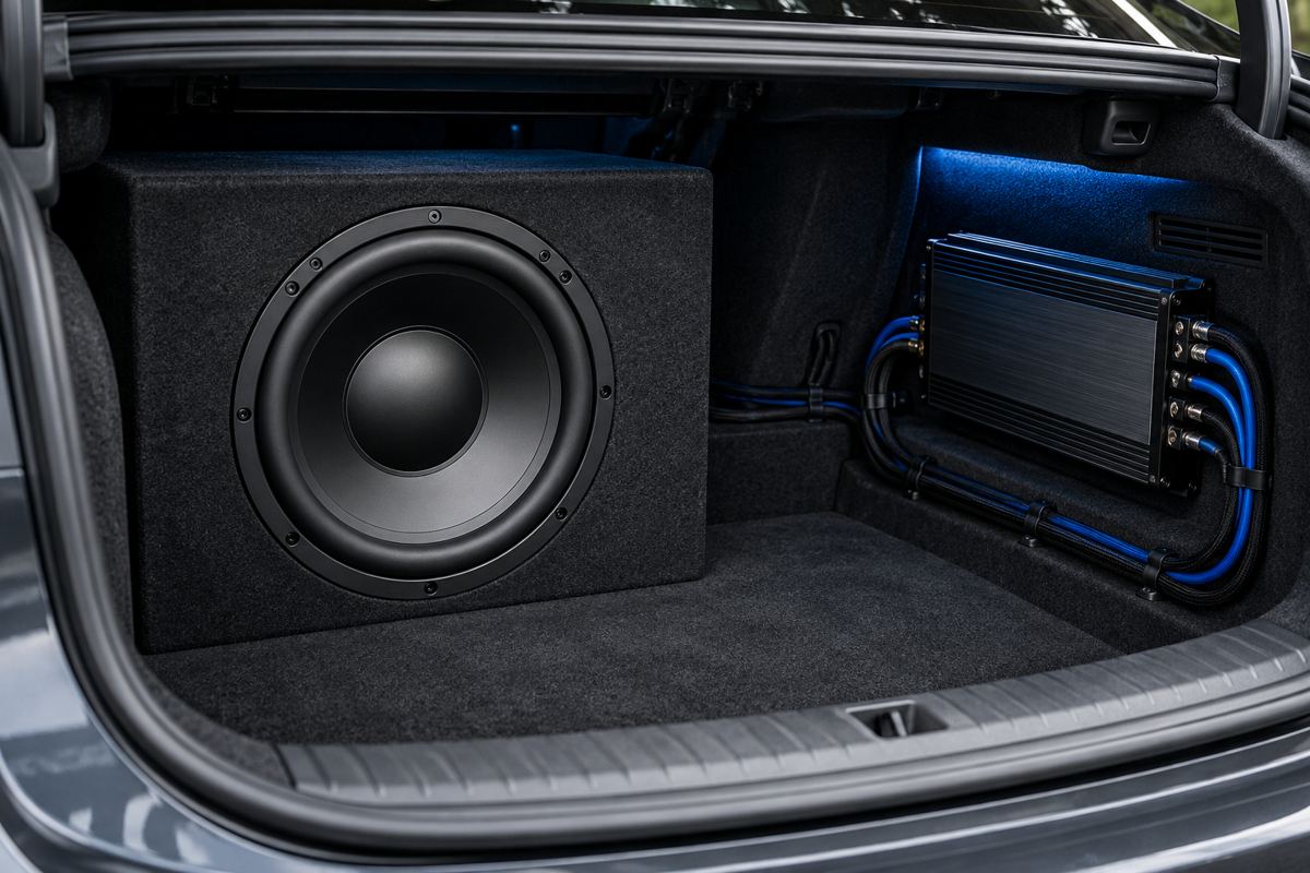 Illustration of a subwoofer and amplifier in a car trunk