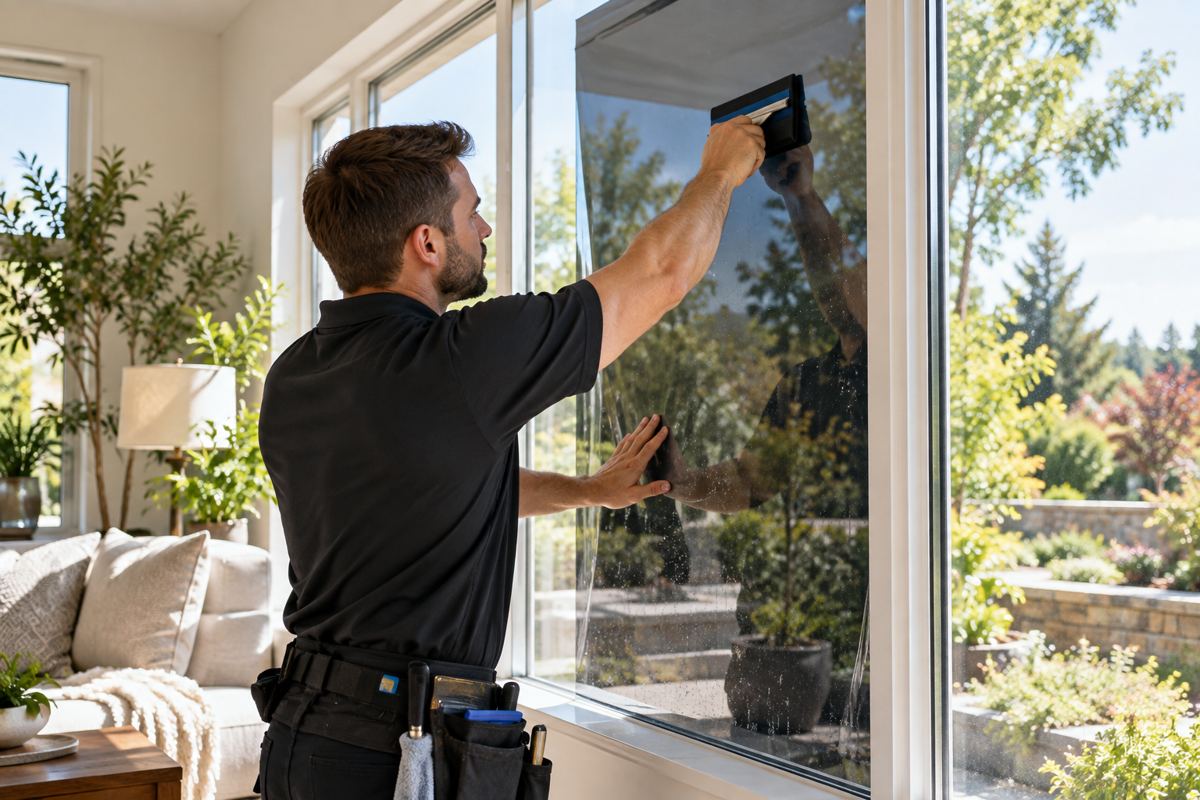 Illustration of solar film installation on a living room window
