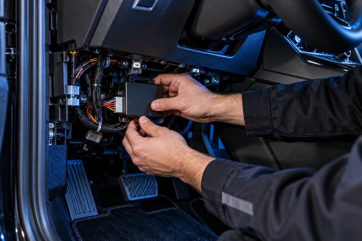 Illustration of remote-start module installation beneath a dashboard