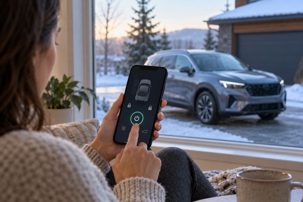 Illustration of a person using a phone to start a parked vehicle