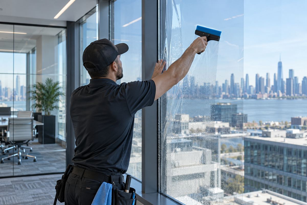 Illustration of solar film installation on an office window