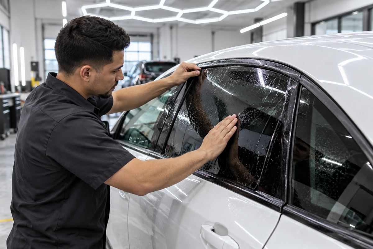 Illustration of technician tinting the side window of a white car
