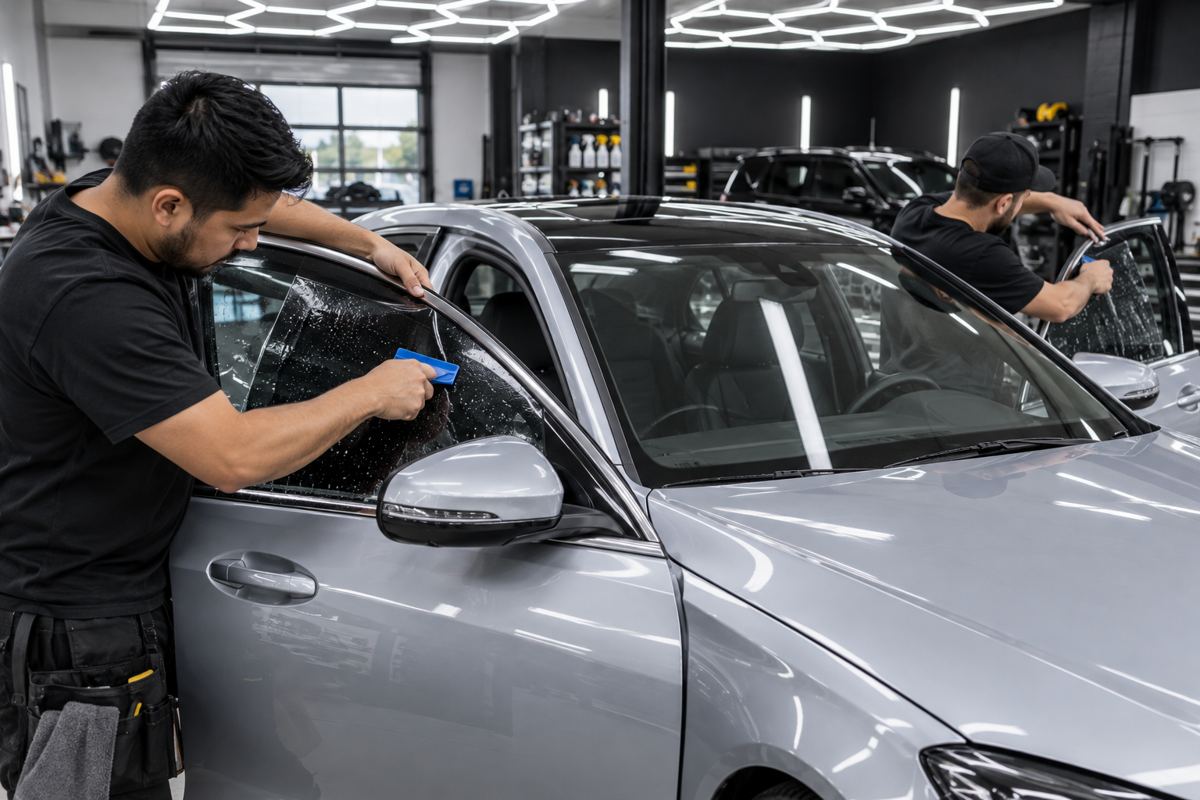 Illustration of technicians tinting a silver car