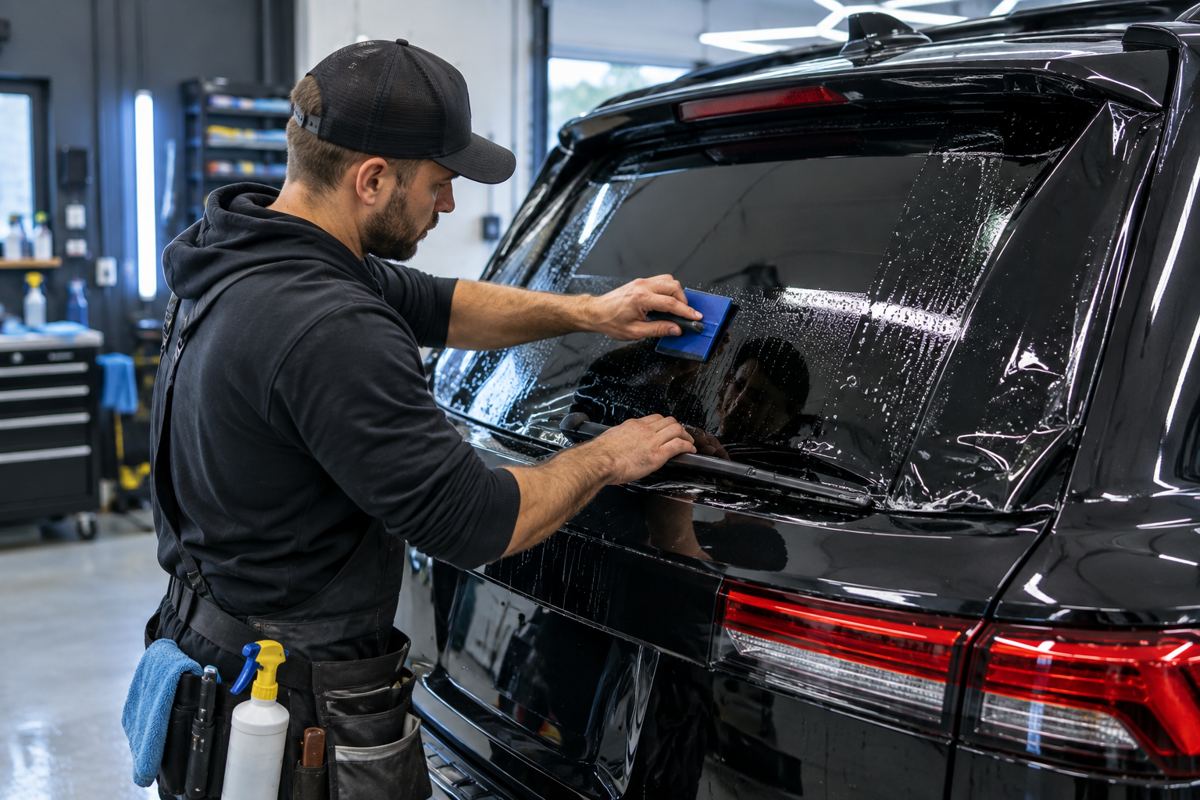 Illustration of technician tinting the rear window of a dark SUV
