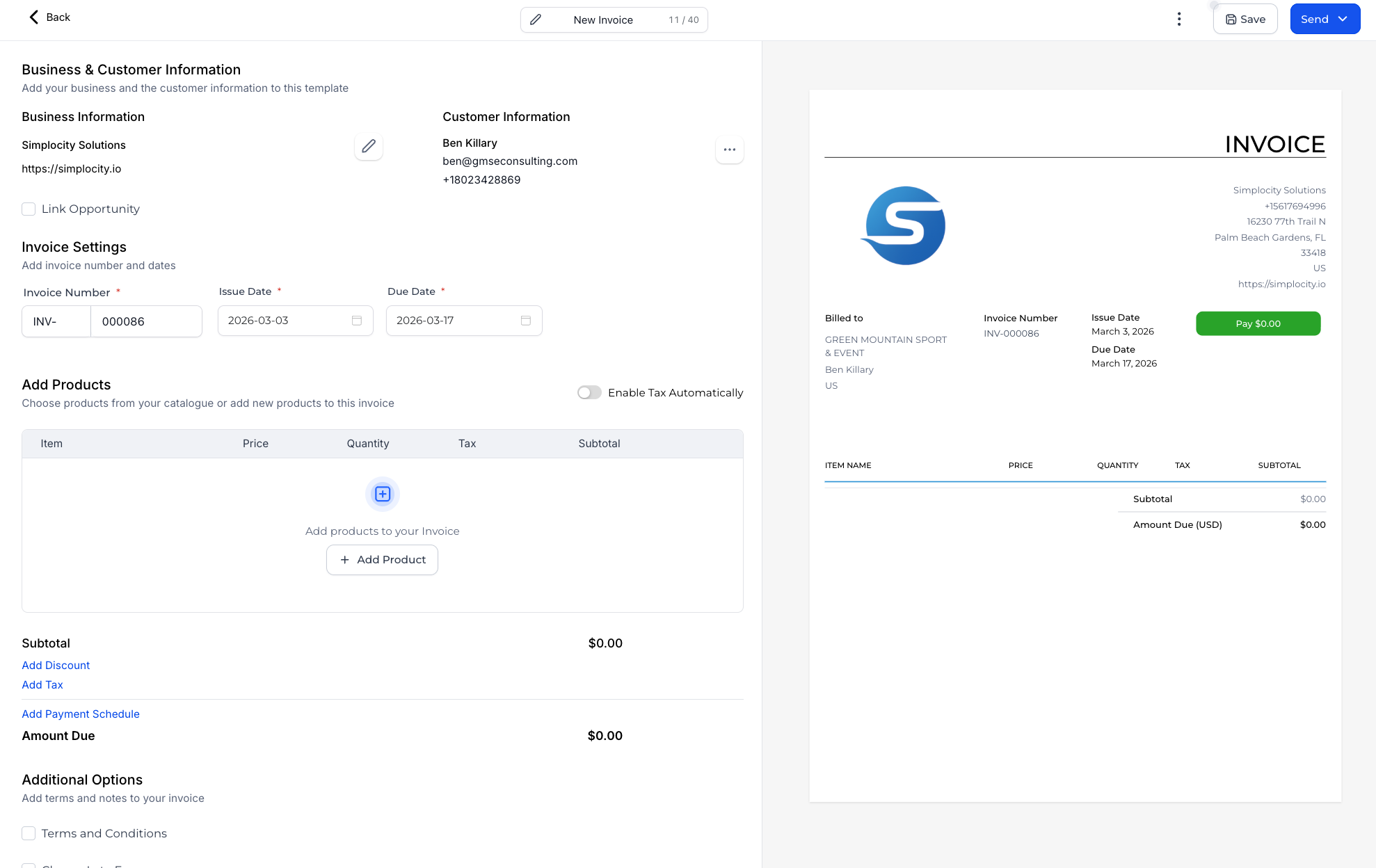 Simplocity Mobile Invoicing Interface