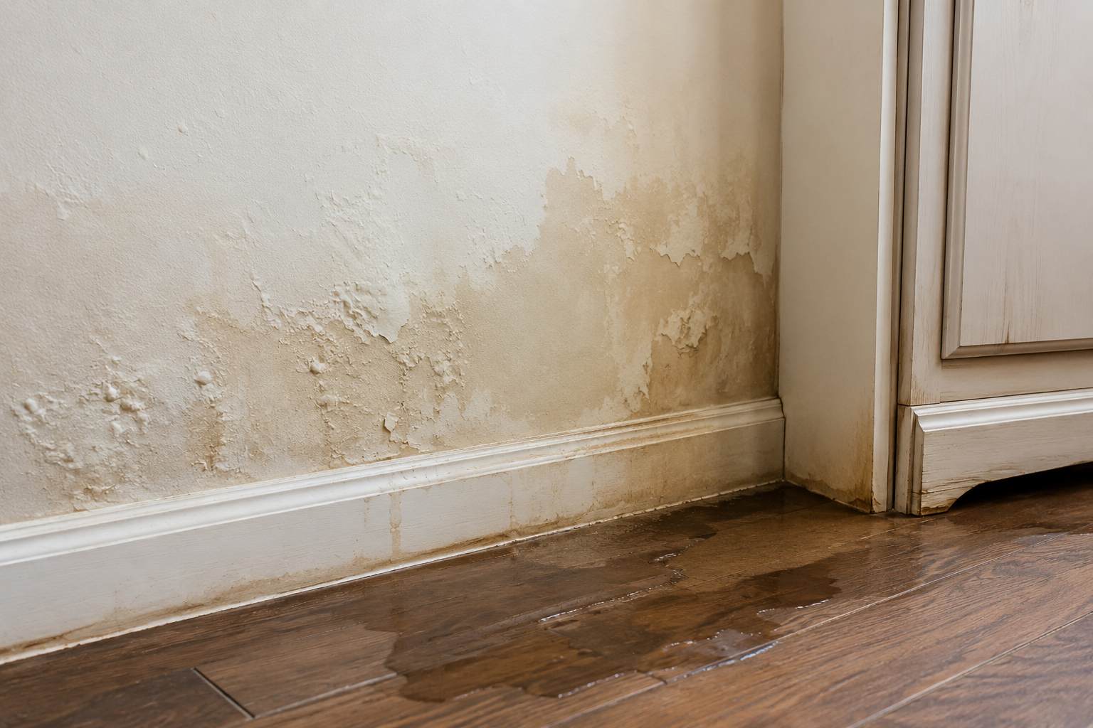 Water damage from a hidden plumbing leak causing stained drywall, peeling paint, wet baseboard, and moisture on hardwood floor