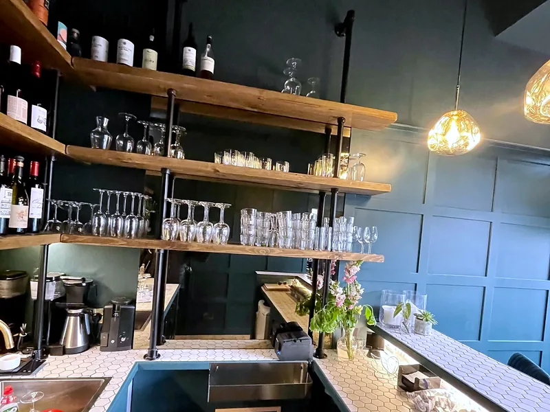 Back bar shelving and glassware in solid timber, made in the CTD Scotland workshop in Loanhead and installed at Leftfield, Edinburgh.