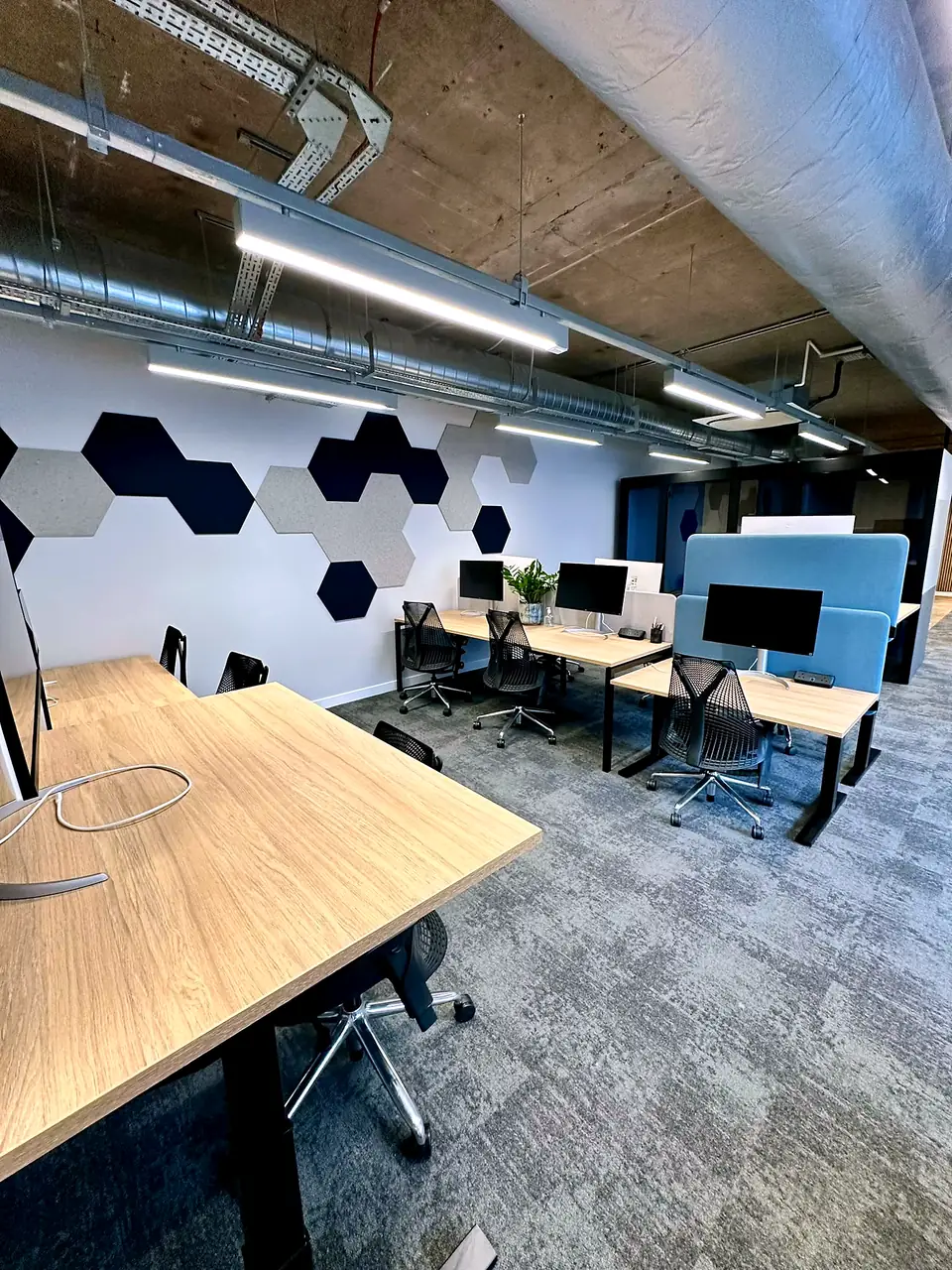 Open plan desking with hexagonal acoustic wall panelling at Kaluza, Edinburgh.