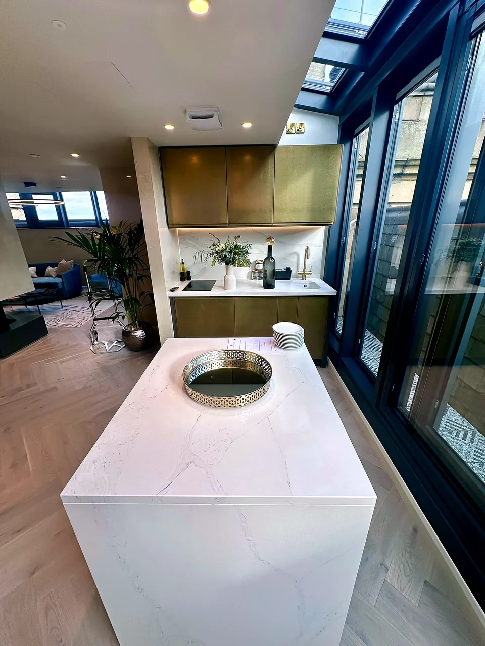The stone-topped kitchen island at RIGH Residences, Edinburgh.