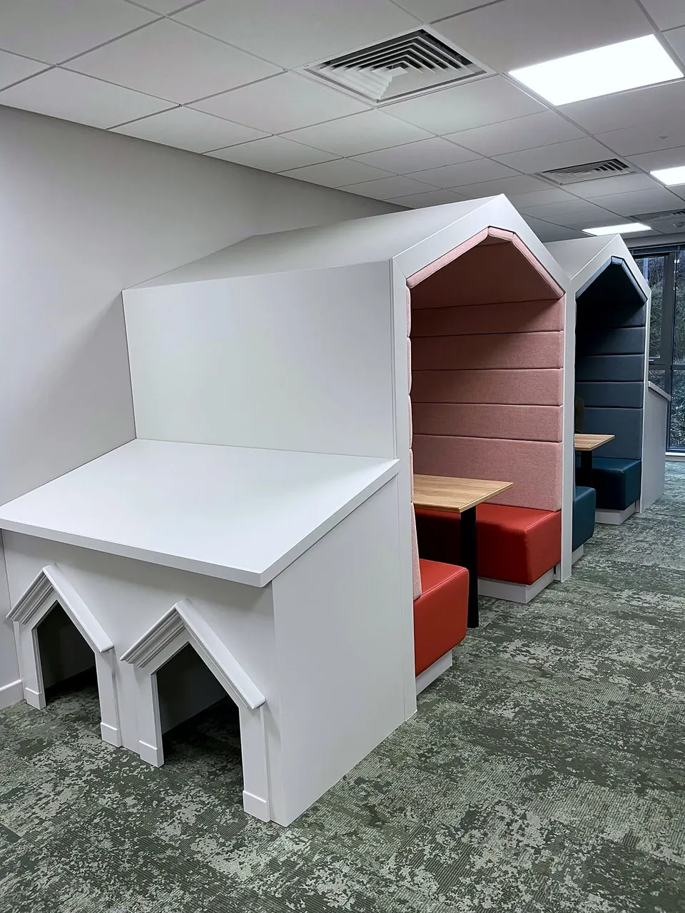 Kennel-shaped booth seating built for Bella & Duke's Edinburgh office.