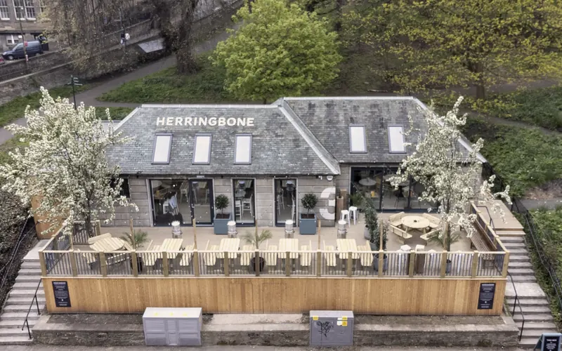 Herringbone, Abbeyhill. Completed bar and restaurant with external timber terrace, built by CTD Scotland.