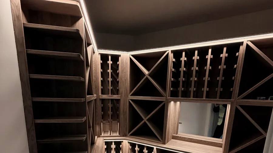 Hand made oak wine room with diamond bin racking by CTD Scotland.