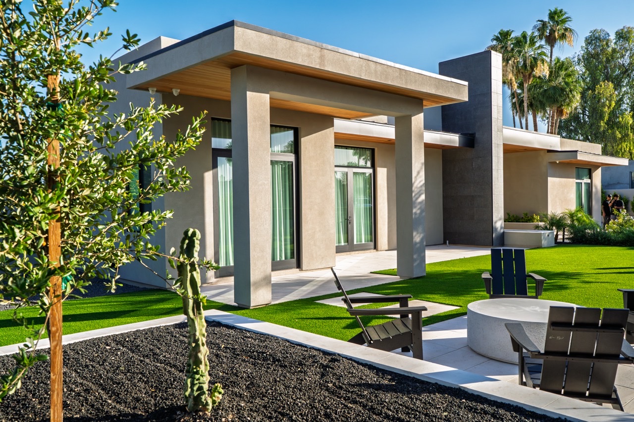 Modern Paradise Valley home exterior with covered patio and desert landscaping