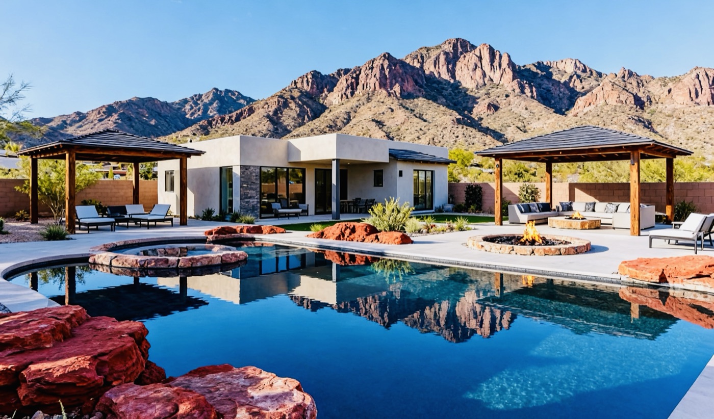 Resort-style backyard with dual ramadas, pool and mountain views
