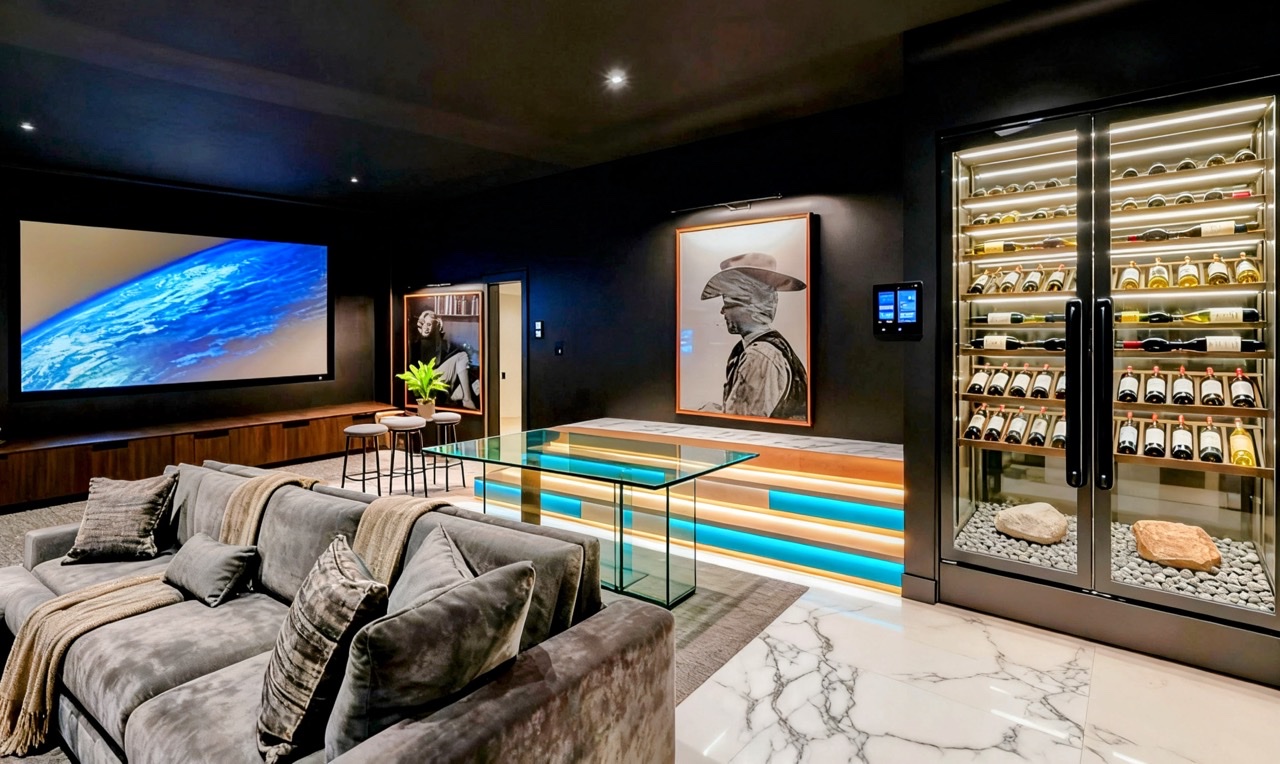 Home theater and glass wine room with backlit bar