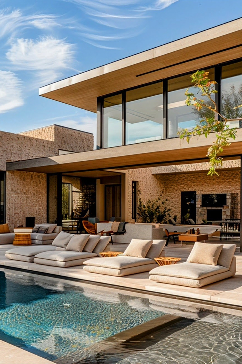 Poolside lounge beds and stone-clad estate with retractable glass walls