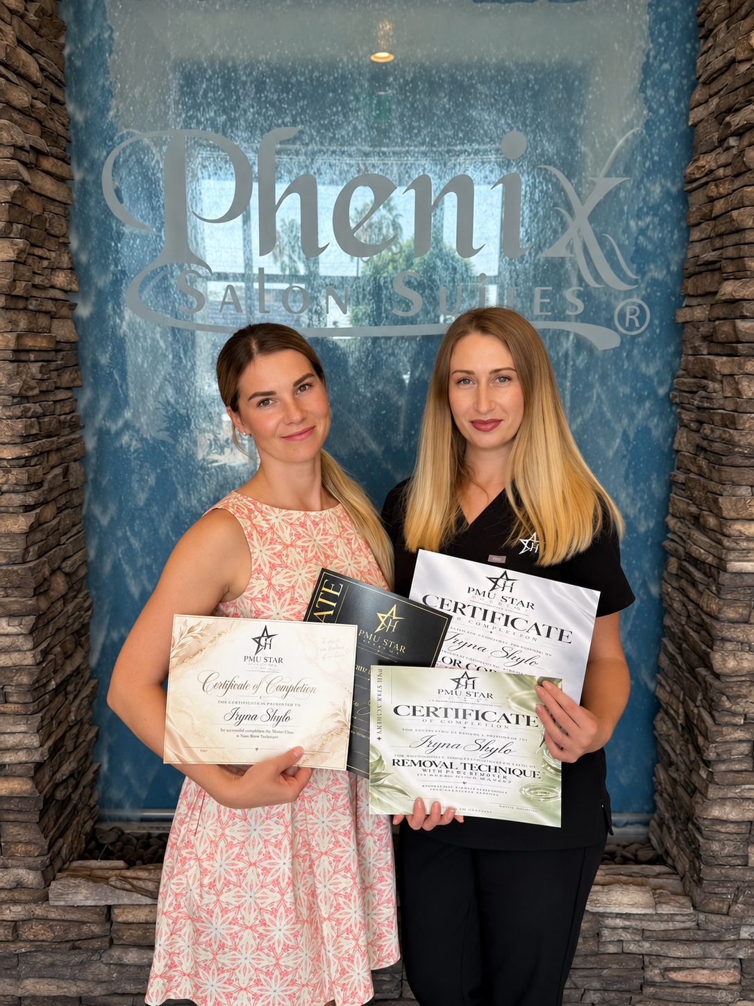 Iryna with her trainer holding PMU Star Academy certificates