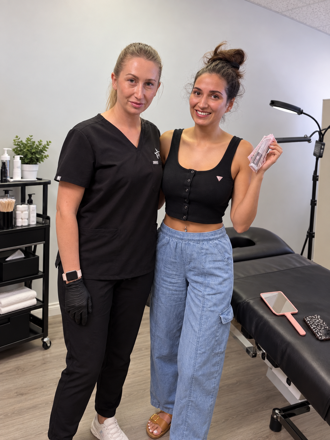 Iryna with a client in the studio