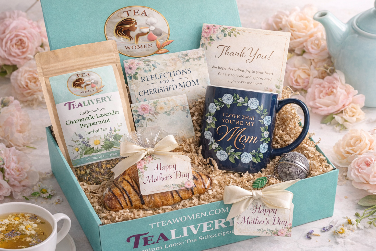 TTEA Women Mother’s Day gift box with navy floral mug, tea, devotional, silver infuser, and chocolate croissant