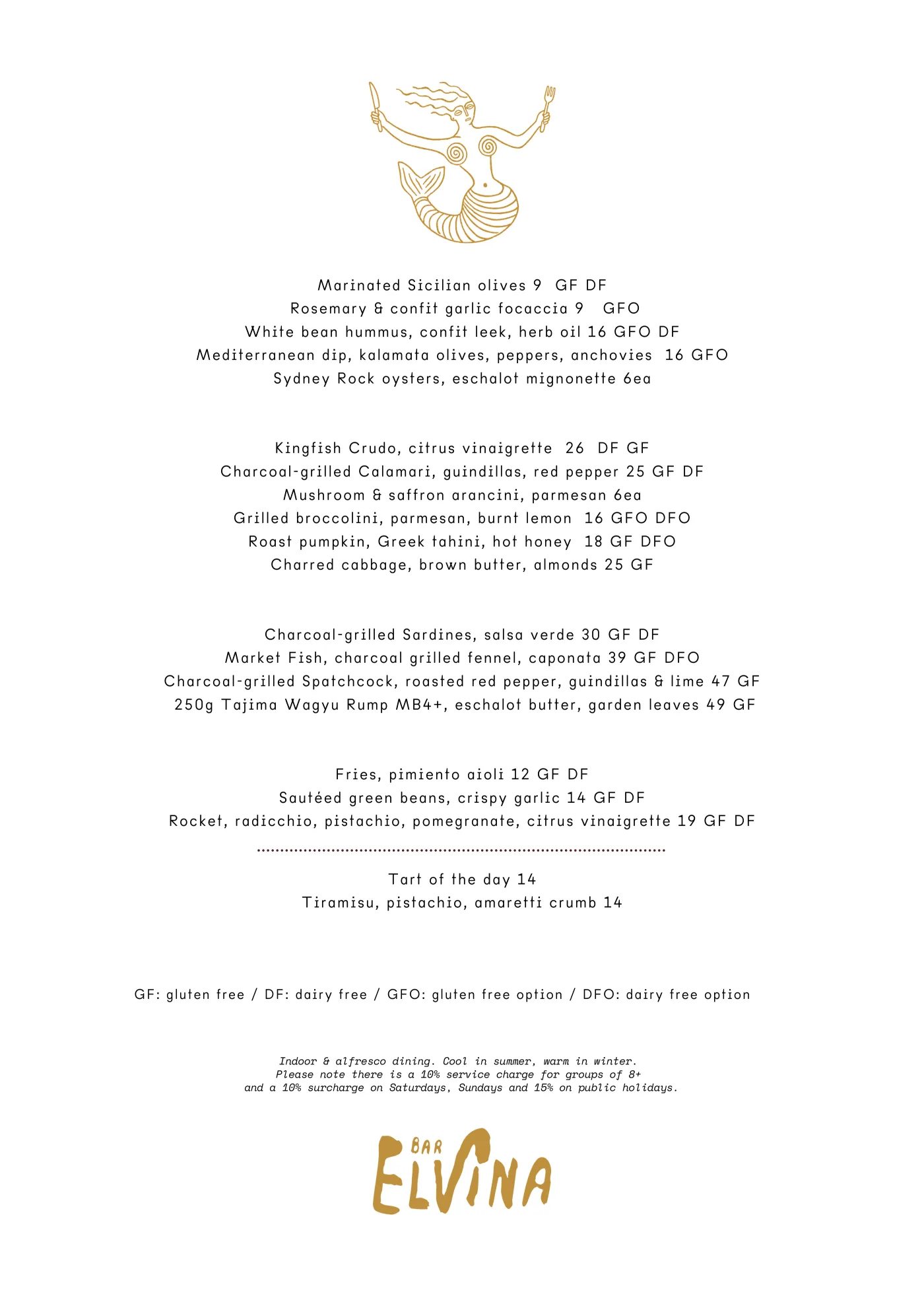 Elvina à la carte menu