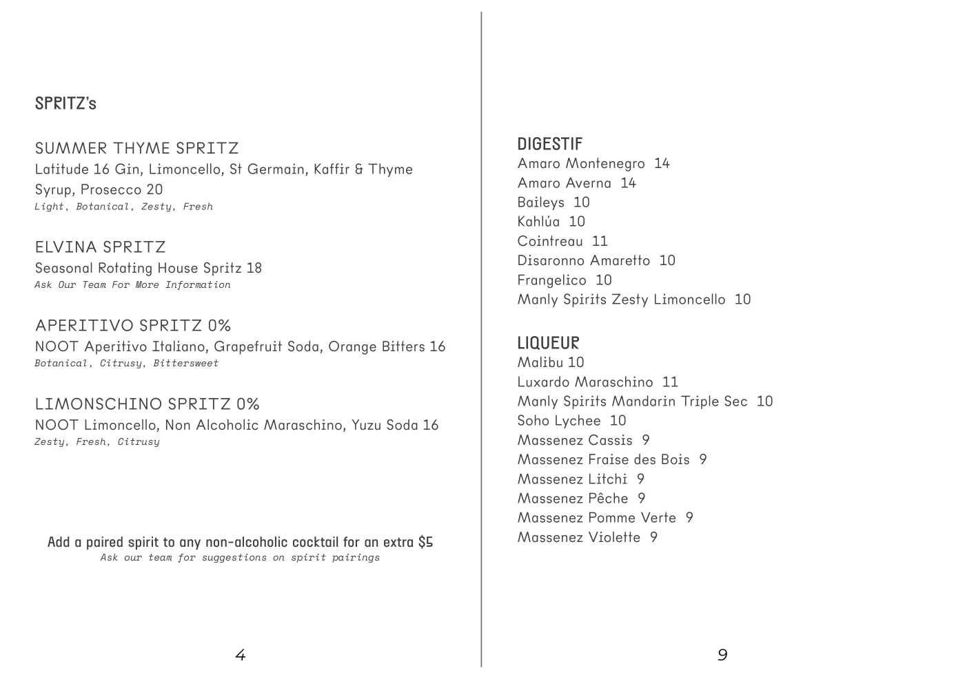 Elvina drinks menu, page 4