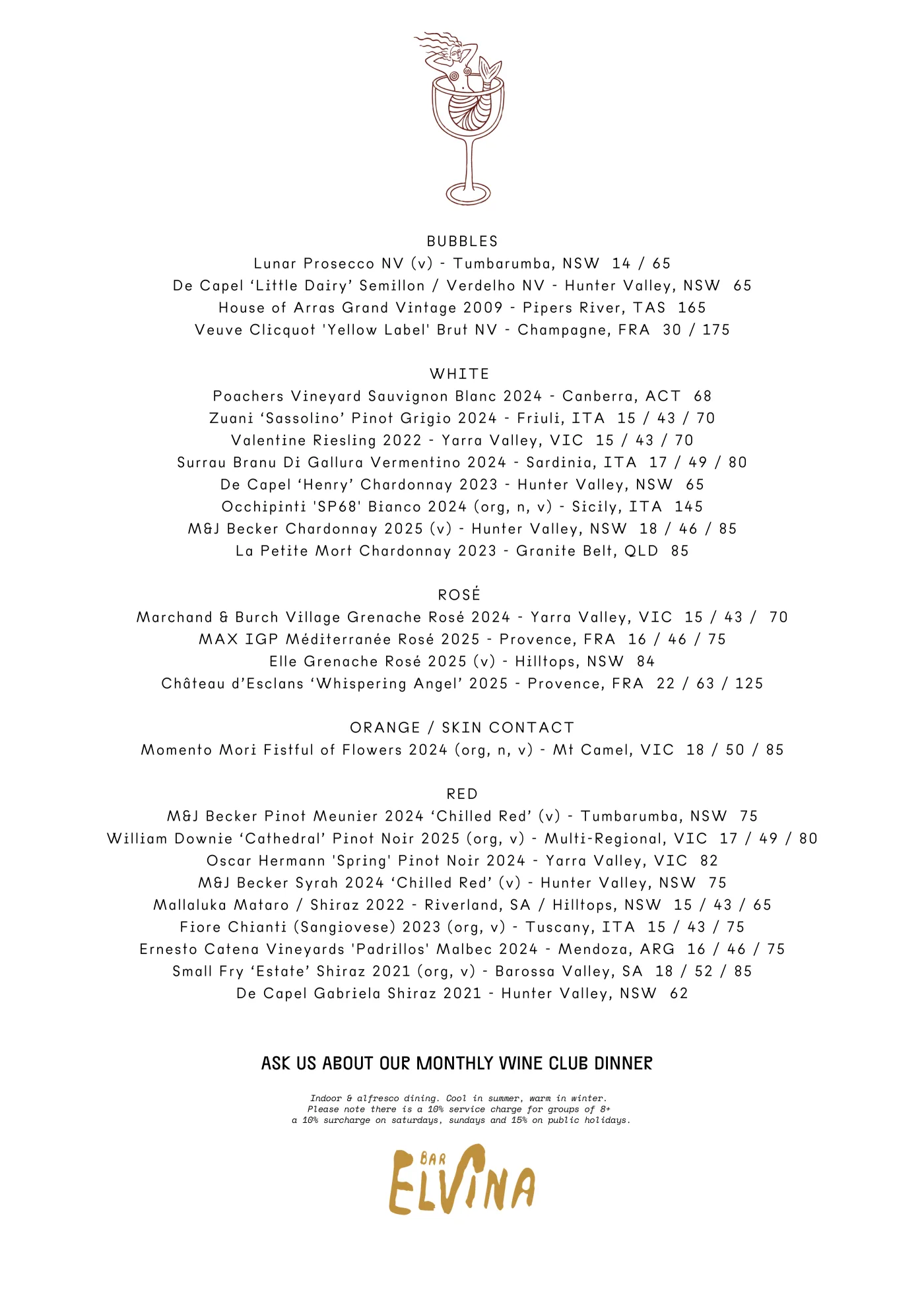 Elvina wine list