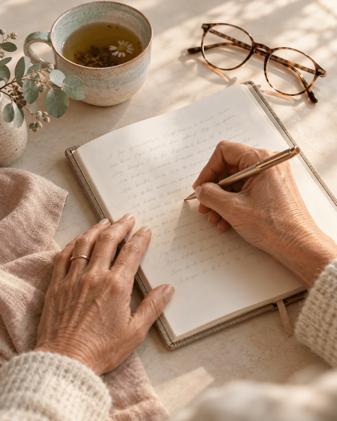 Hands writing symptom notes in a journal