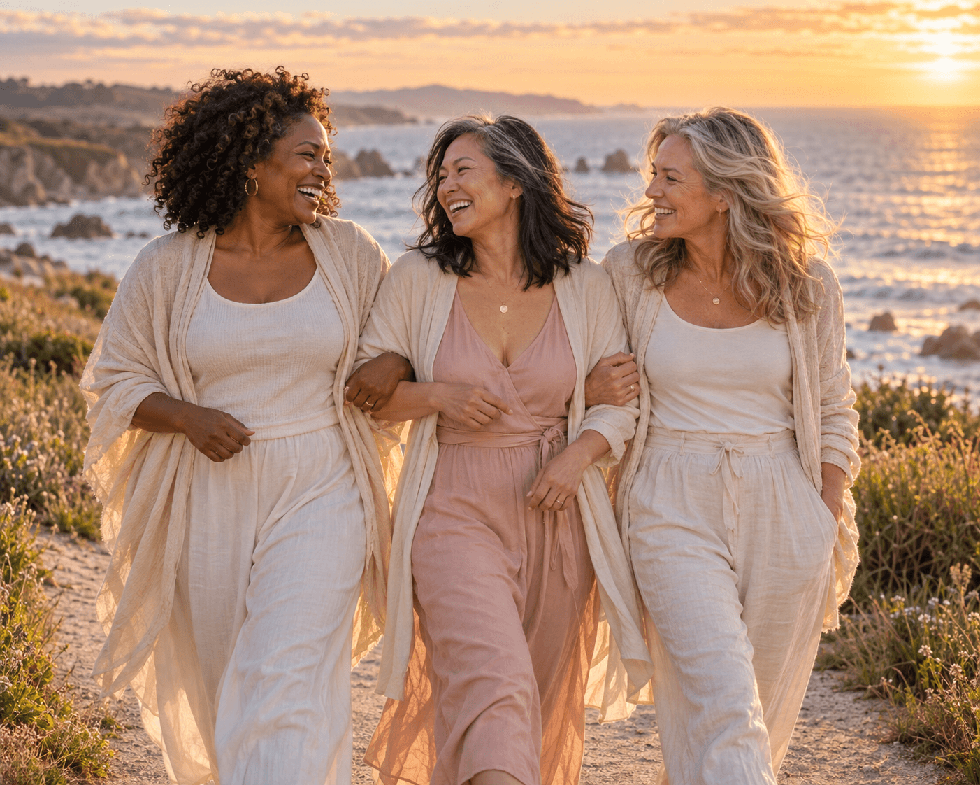Friends walking together along the coast at golden hour