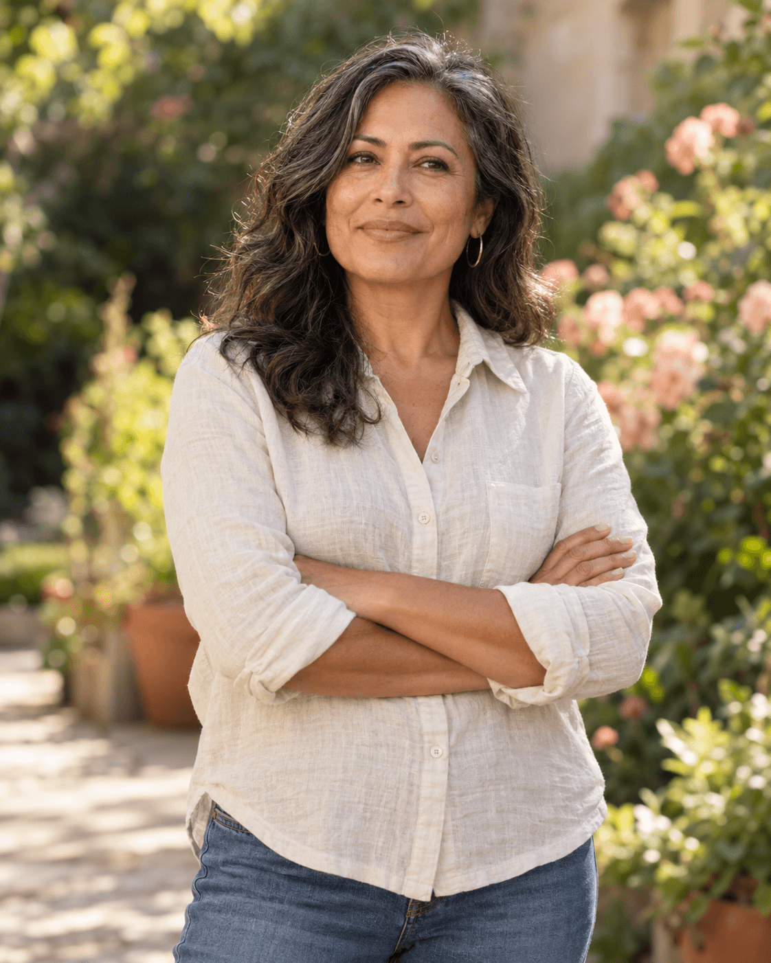 Confident woman in a sunlit garden
