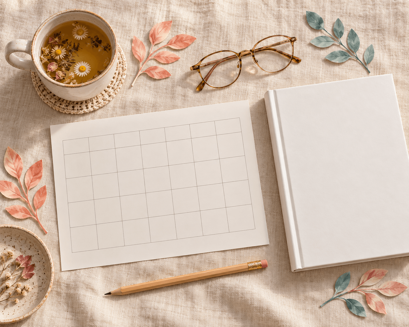 Symptom tracker, notebook and tea on linen