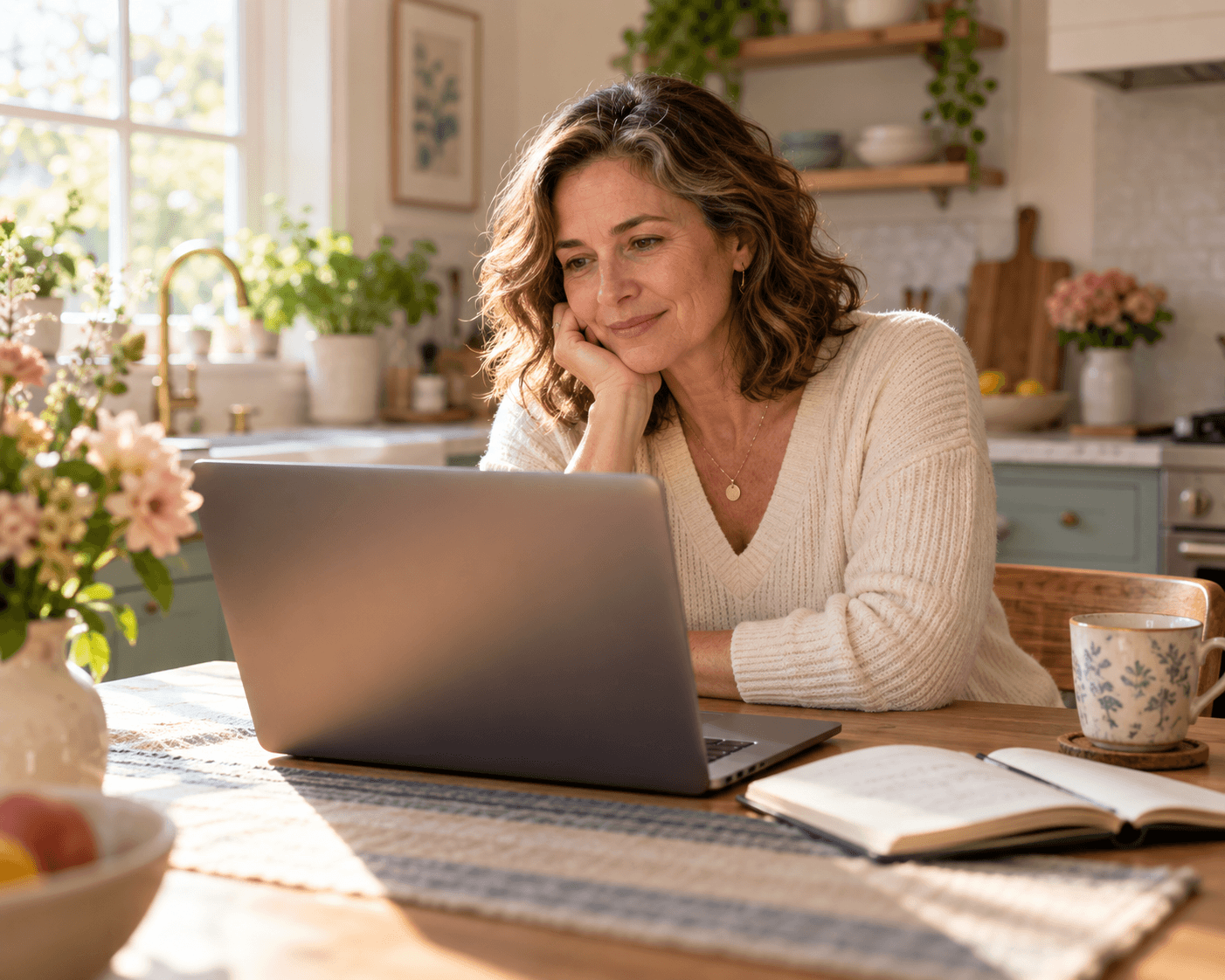 Woman on a video visit at her kitchen table