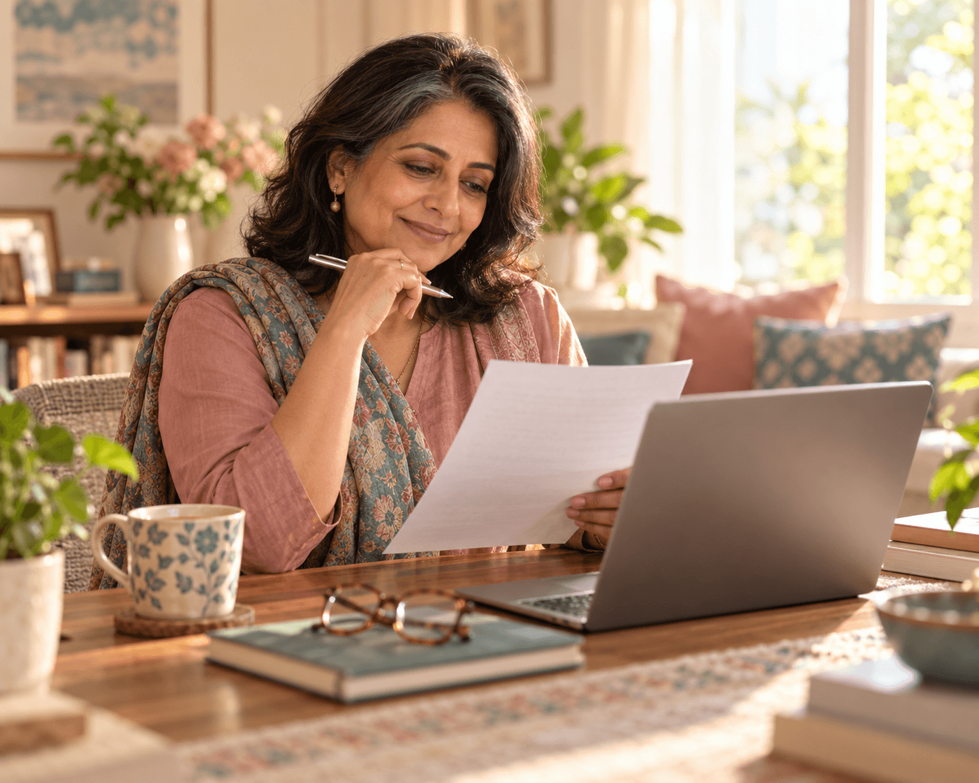 Woman at her desk reading a printed care plan