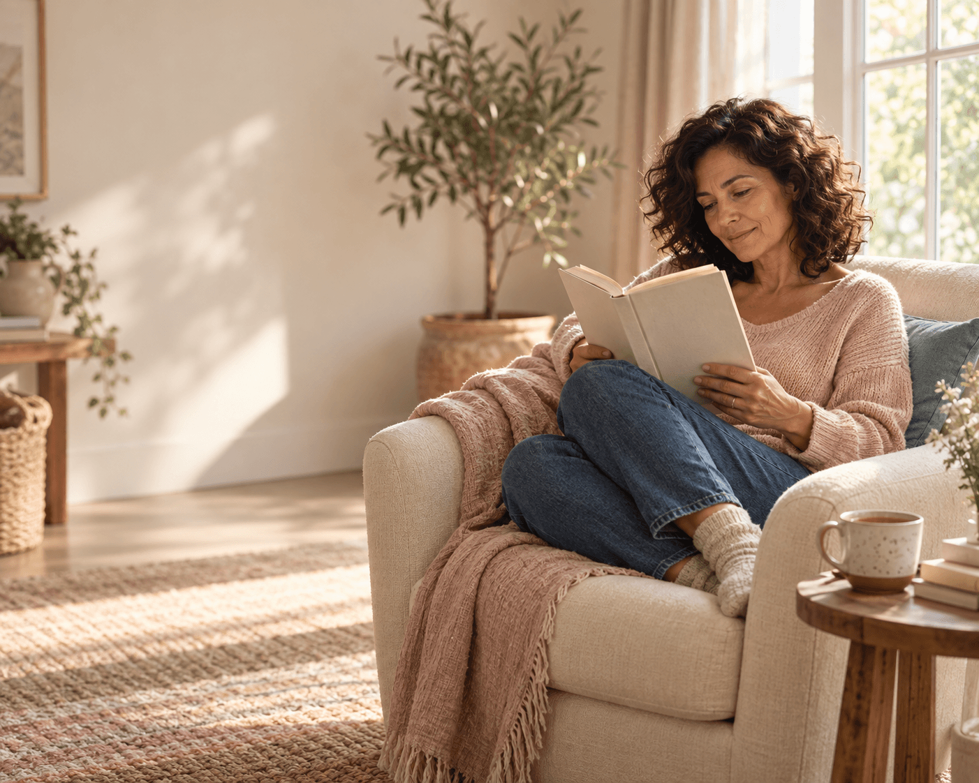 Woman reading a book in an armchair by a sunlit window