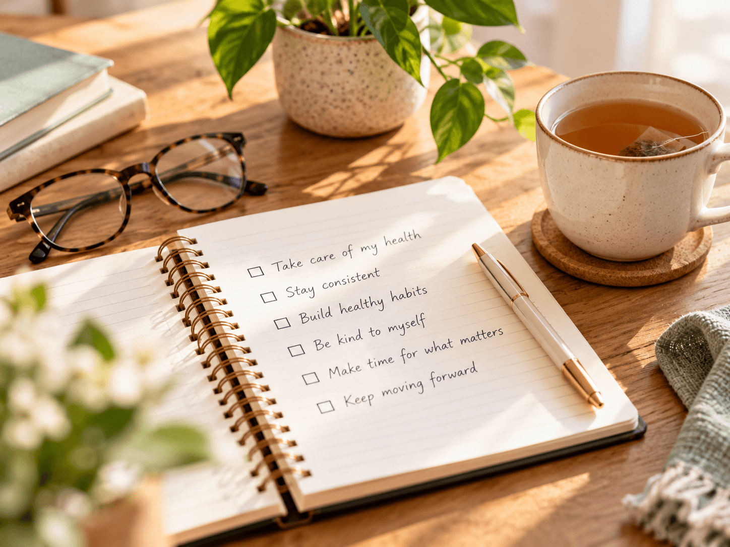 Notebook with a handwritten checklist beside a cup of tea and reading glasses Notebook with a handwritten checklist beside a cup of tea and reading glasses