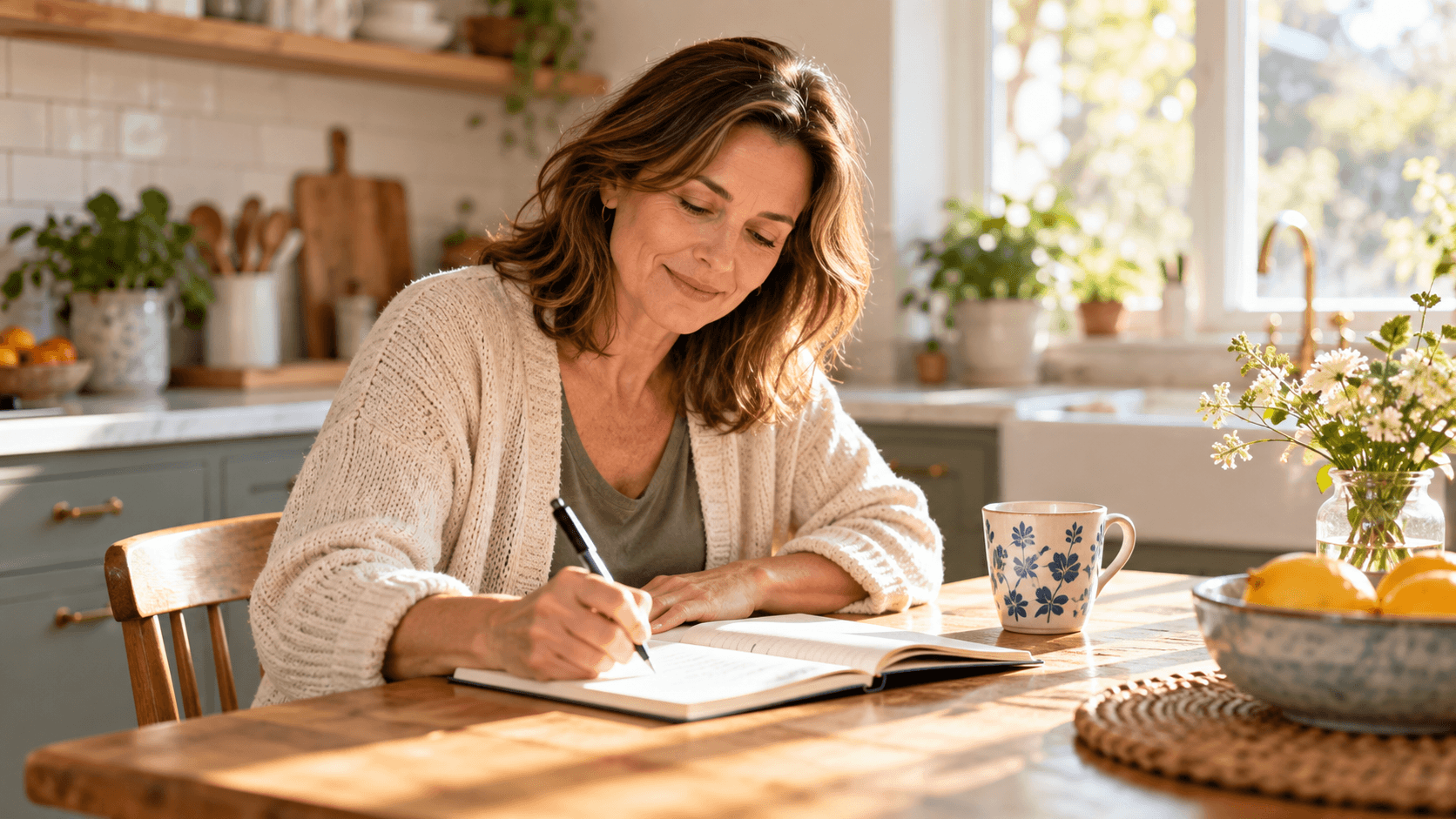 Woman in her mid-40s writing in a notebook at a sunlit kitchen table Woman in her mid-40s writing in a notebook at a sunlit kitchen table