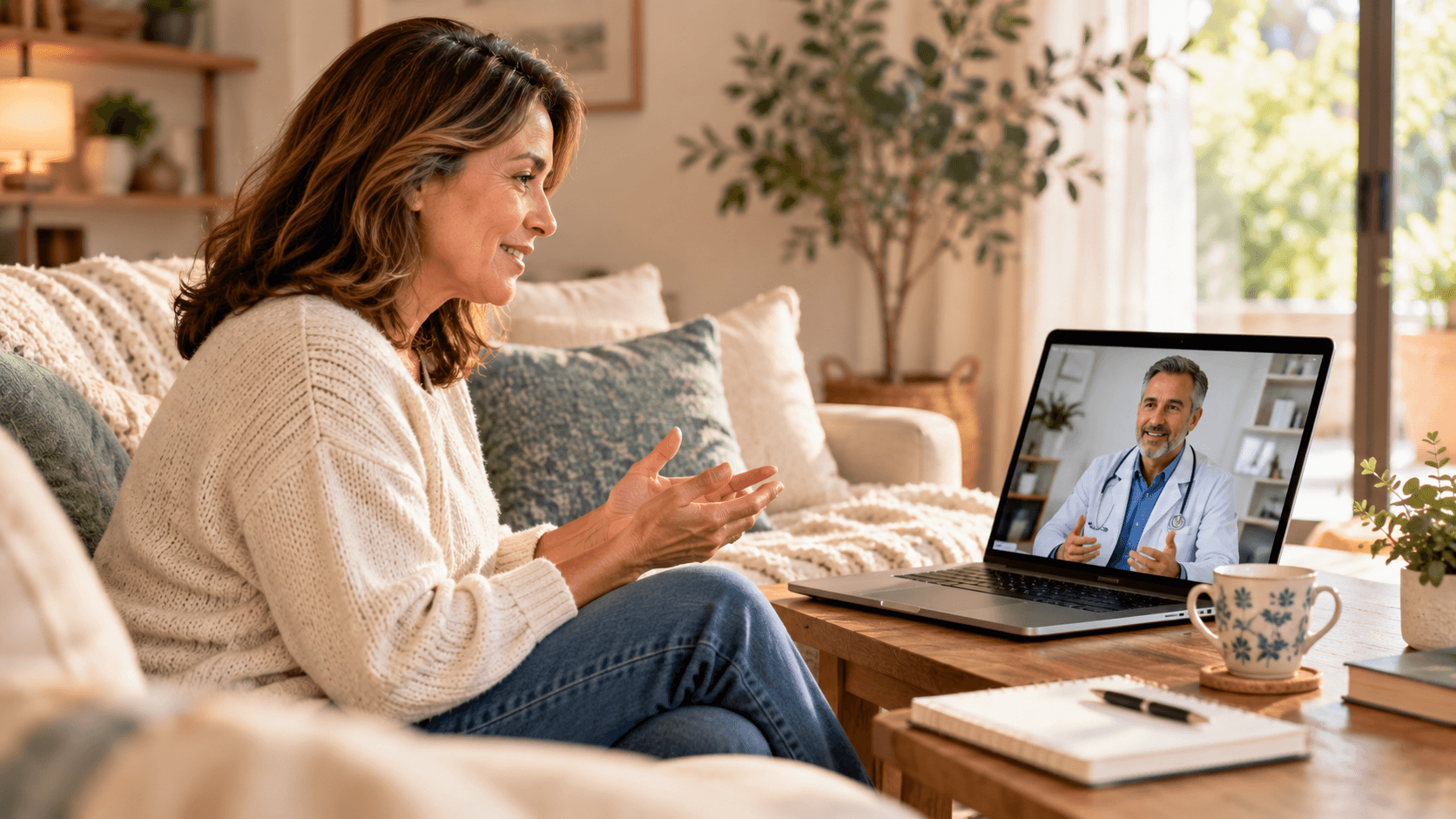 Woman talking with her clinician on a video call from her living room Woman talking with her clinician on a video call from her living room