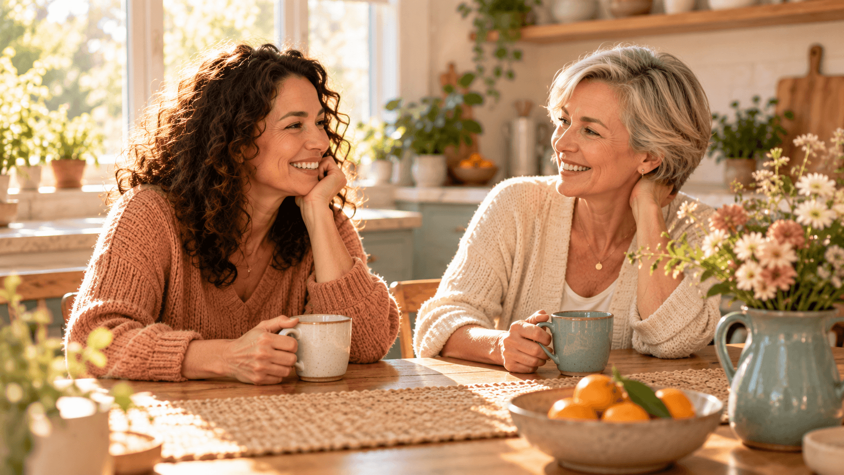 Two women of different ages sharing coffee and conversation at a kitchen table Two women of different ages sharing coffee and conversation at a kitchen table