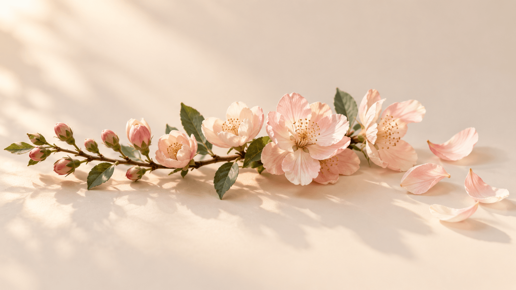 Botanical still life of a branch with buds, blooms and falling petals, symbolizing transition Botanical still life of a branch with buds, blooms and falling petals, symbolizing transition
