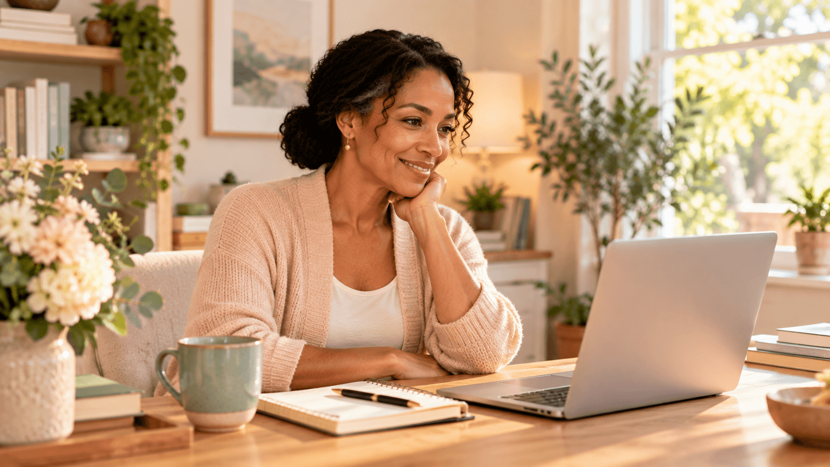 Woman in her mid-40s listening to her clinician during a calm telehealth visit Woman in her mid-40s listening to her clinician during a calm telehealth visit