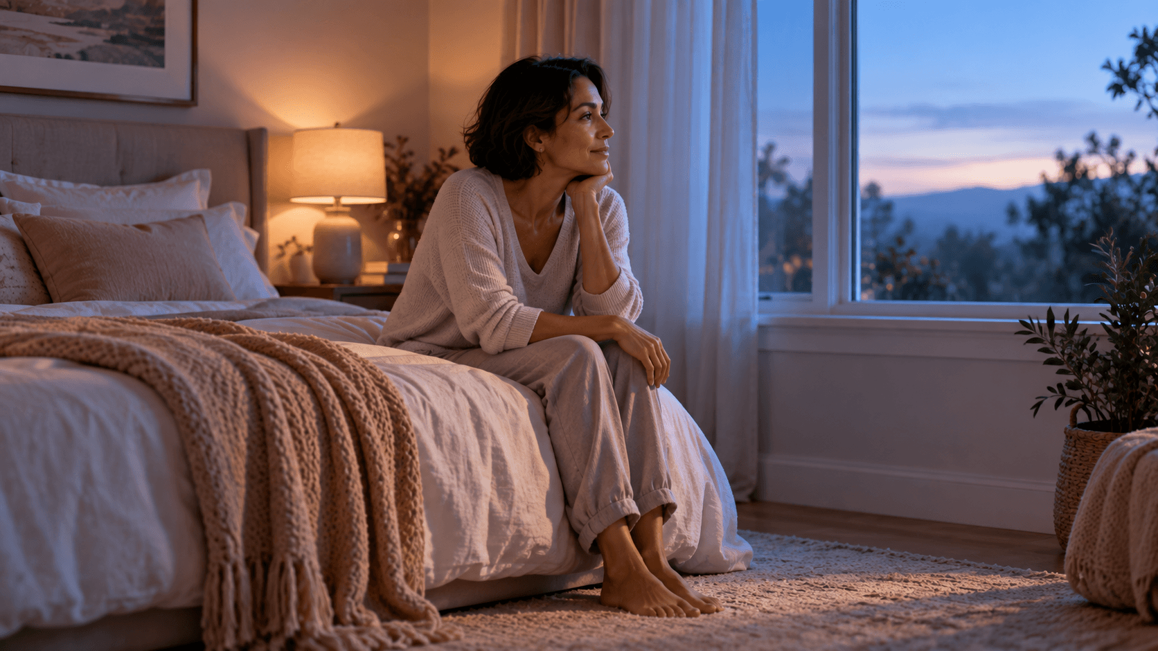 Woman awake before dawn sitting on the edge of her bed Woman awake before dawn sitting on the edge of her bed