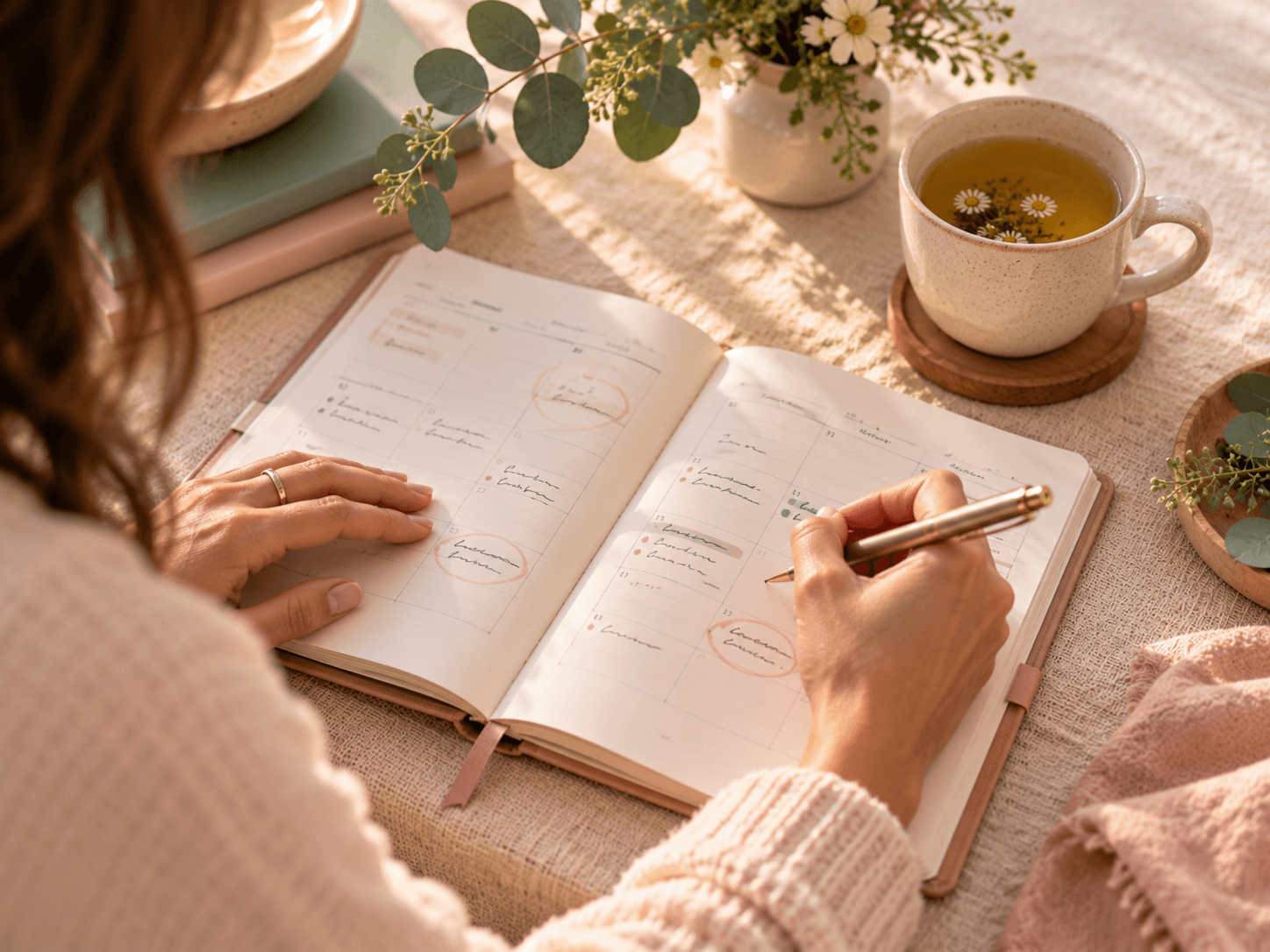 Hands writing symptom notes in a planner beside a cup of tea Hands writing symptom notes in a planner beside a cup of tea
