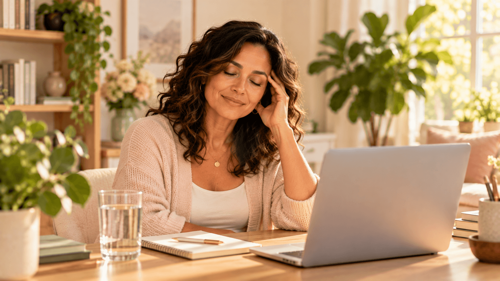 Busy woman around 40 taking a quiet moment at her desk Busy woman around 40 taking a quiet moment at her desk