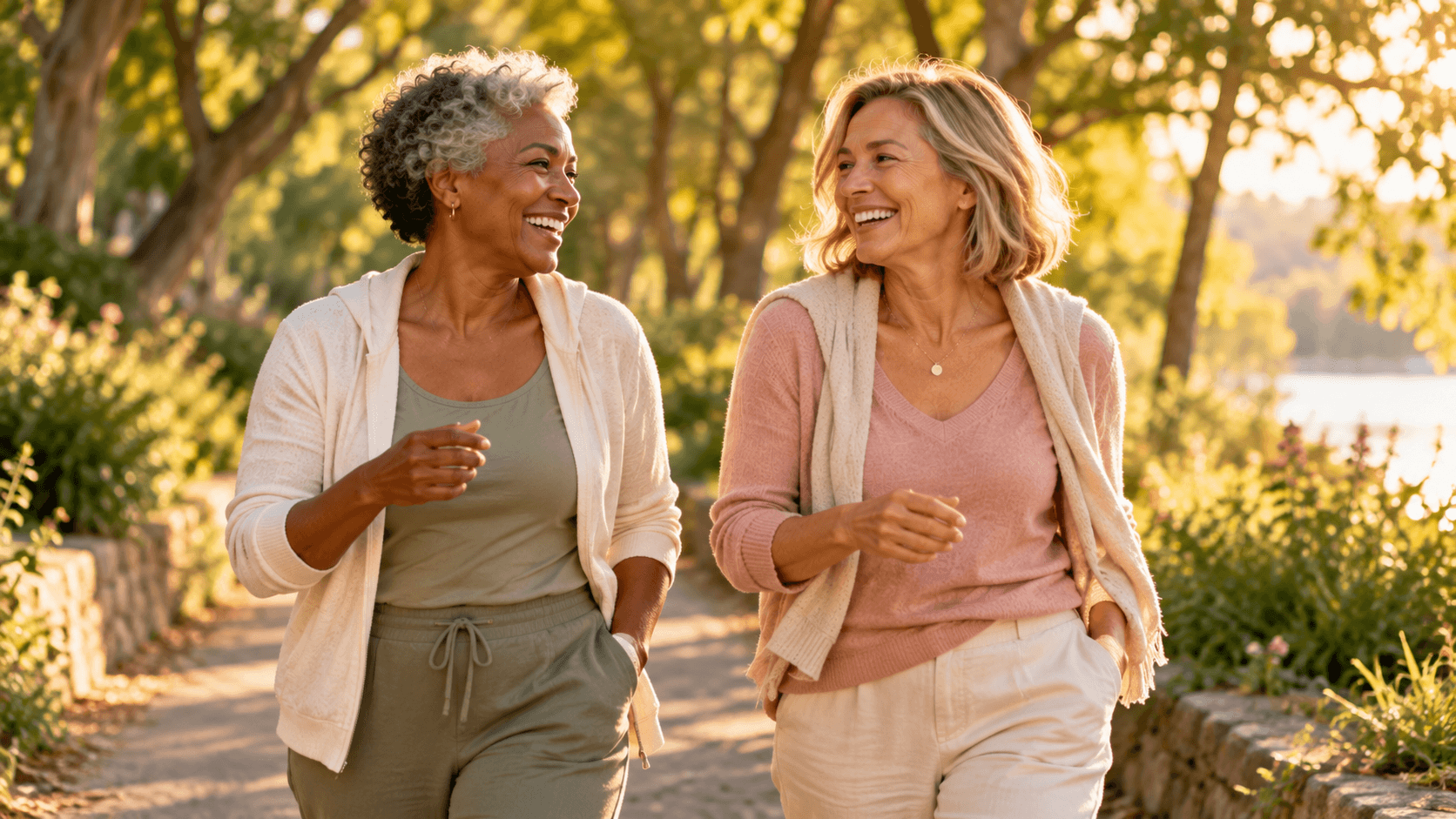 Two women in their 50s laughing together on an outdoor walk Two women in their 50s laughing together on an outdoor walk