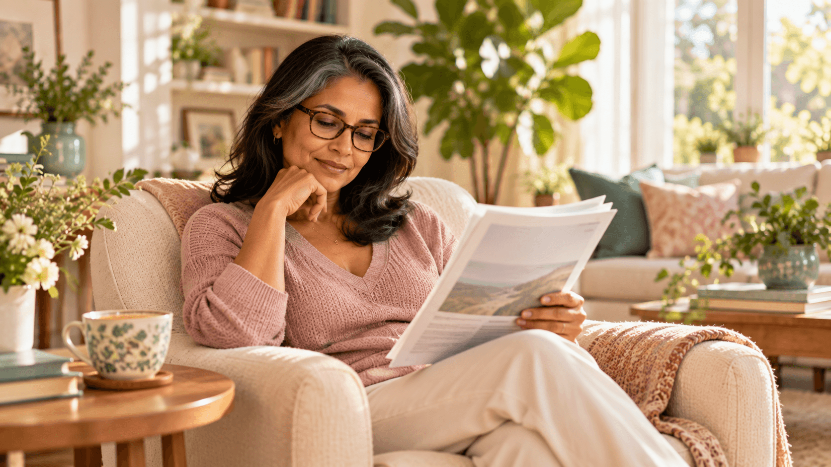 Woman in her 50s reading thoughtfully in a bright living room Woman in her 50s reading thoughtfully in a bright living room